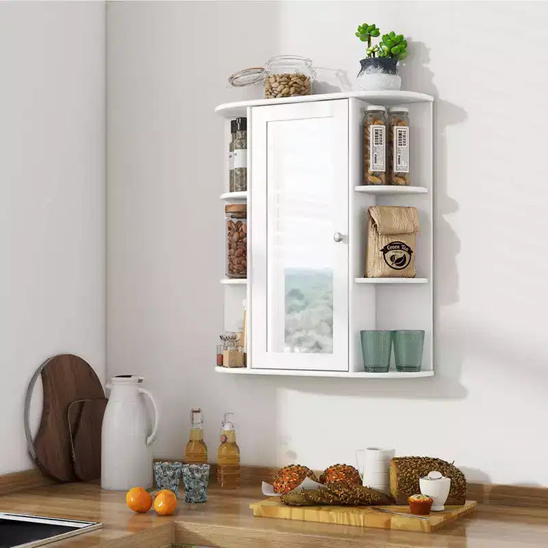 Costway Bathroom Cabinet Single Door Shelves Wall Mount Cabinet with Mirror White