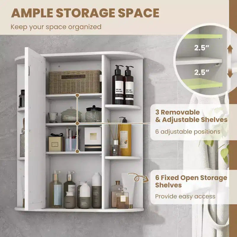 Costway Bathroom Cabinet Single Door Shelves Wall Mount Cabinet with Mirror White