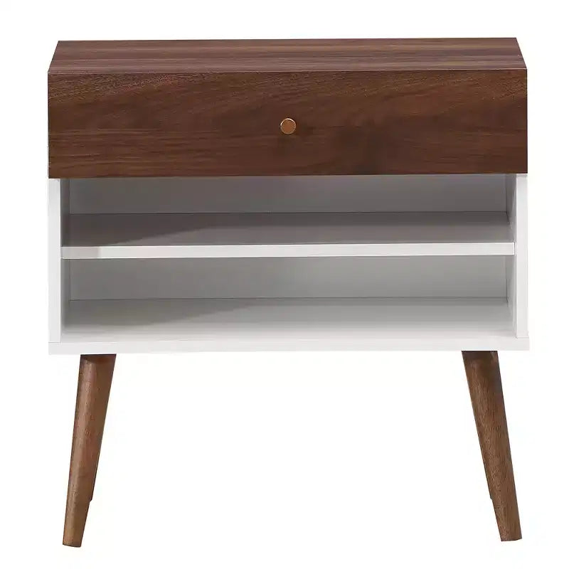 Costway Nightstand End Side Table Drawer Storage Shelf Mid-Century Rubber Wood Leg