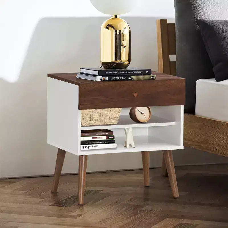 Costway Nightstand End Side Table Drawer Storage Shelf Mid-Century Rubber Wood Leg