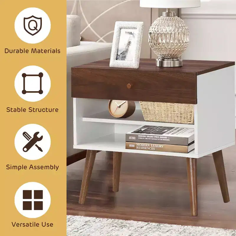Costway Nightstand End Side Table Drawer Storage Shelf Mid-Century Rubber Wood Leg
