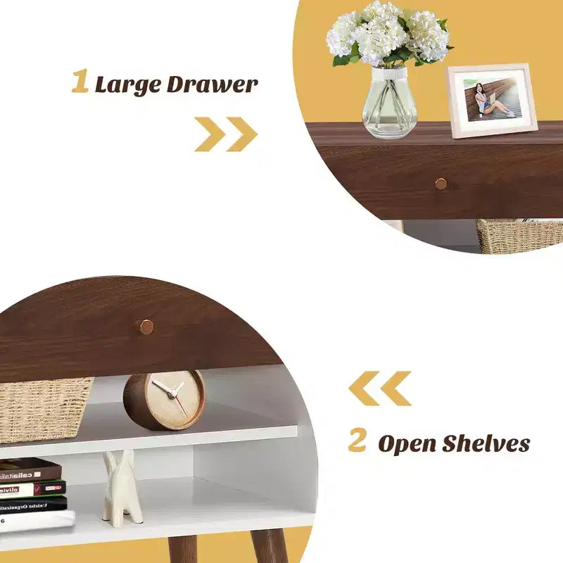 Costway Nightstand End Side Table Drawer Storage Shelf Mid-Century Rubber Wood Leg