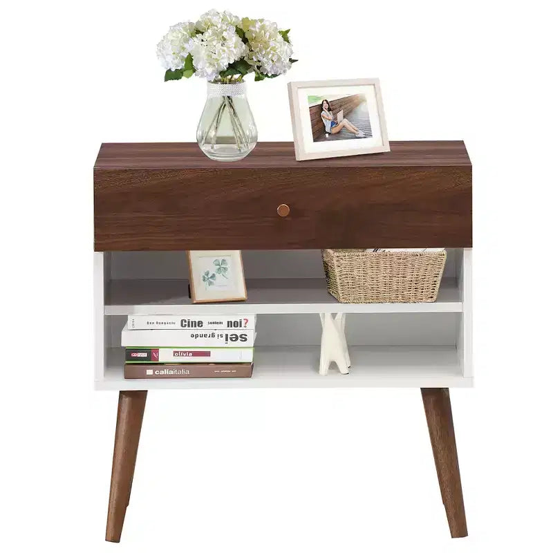 Costway Nightstand End Side Table Drawer Storage Shelf Mid-Century Rubber Wood Leg
