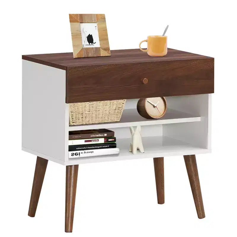 Costway Nightstand End Side Table Drawer Storage Shelf Mid-Century Rubber Wood Leg