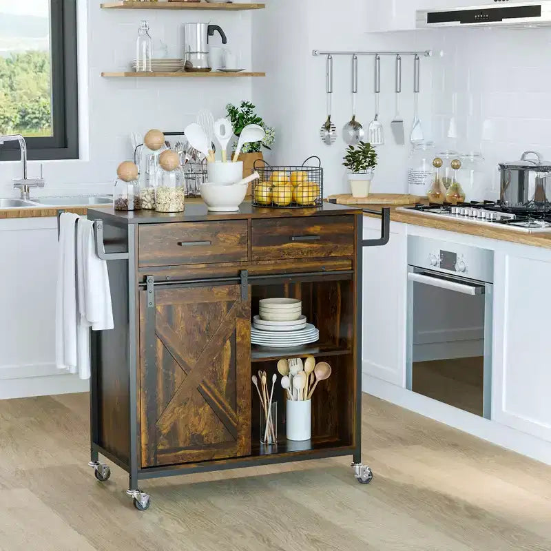 HOMCOM Rustic Farmhouse Kitchen Cart, Rolling Storage Island with Adjustable Shelf, Two Drawers, Sliding Barn Door Cabinet and Towel Rack