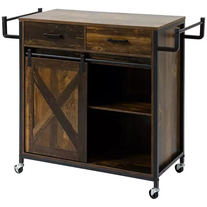 HOMCOM Rustic Farmhouse Kitchen Cart, Rolling Storage Island with Adjustable Shelf, Two Drawers, Sliding Barn Door Cabinet and Towel Rack