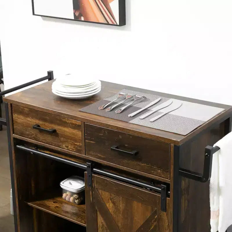 HOMCOM Rustic Farmhouse Kitchen Cart, Rolling Storage Island with Adjustable Shelf, Two Drawers, Sliding Barn Door Cabinet and Towel Rack