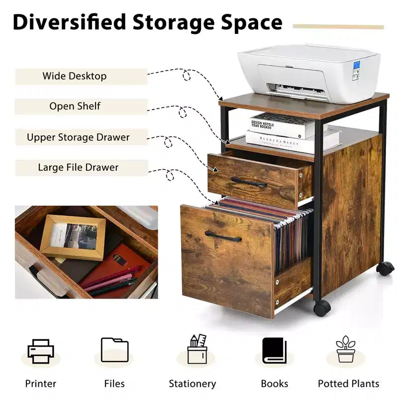 Costway Mobile File Cabinet 2 Drawer Printer Stand w/Open Shelf for Letter Size