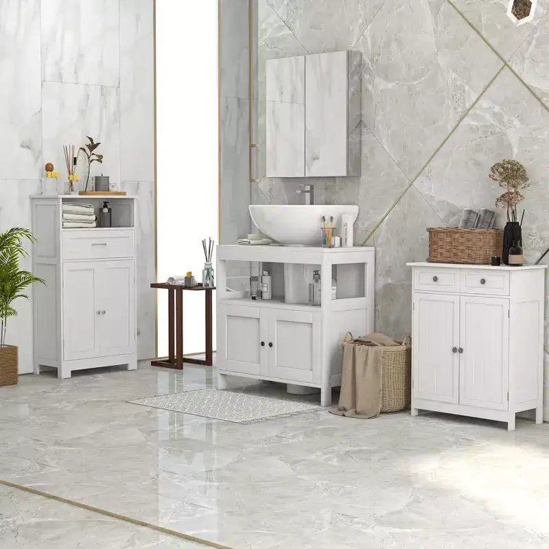 kleankin Pedestal Under Sink Cabinet with Double Doors, Modern Bathroom Vanity Storage Unit with Shelves, White
