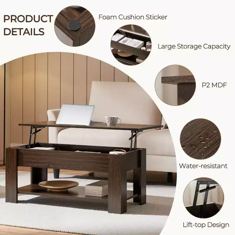 Yaheetech Modern Lift Top Vintage Coffee Table Accent Table w/Hidden Compartment & Storage For Home, Living Room, Reception Room, Office