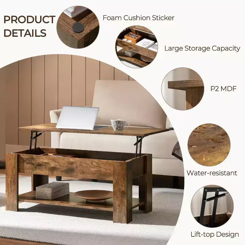 Yaheetech Modern Lift Top Vintage Coffee Table Accent Table w/Hidden Compartment & Storage For Home, Living Room, Reception Room, Office