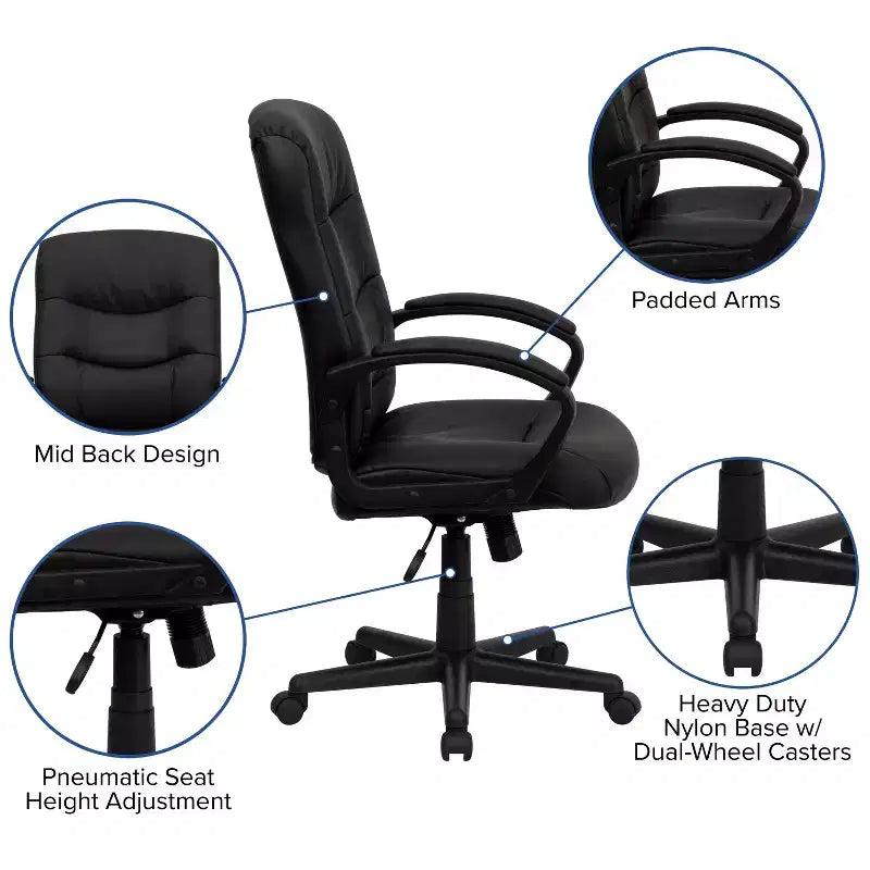 Emma and Oliver Mid-Back Black LeatherSoft Three Line Horizontal Stitch Swivel Office Chair