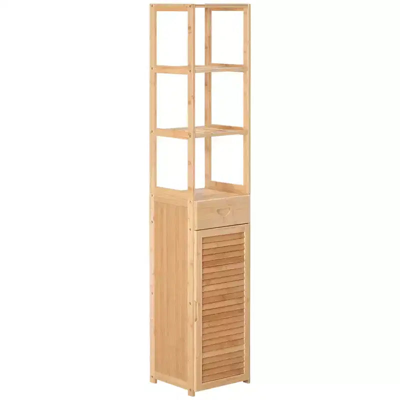kleankin Tall Bathroom Cabinet with Drawer and Slatted Shelves, Slim Bamboo Linen Tower with Louvered Door, Natural