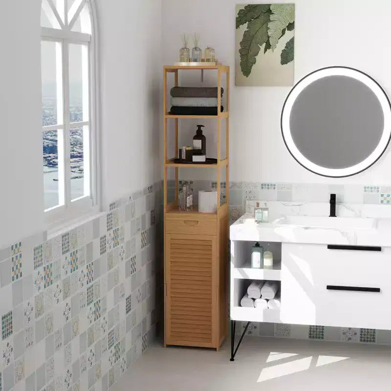 kleankin Tall Bathroom Cabinet with Drawer and Slatted Shelves, Slim Bamboo Linen Tower with Louvered Door, Natural