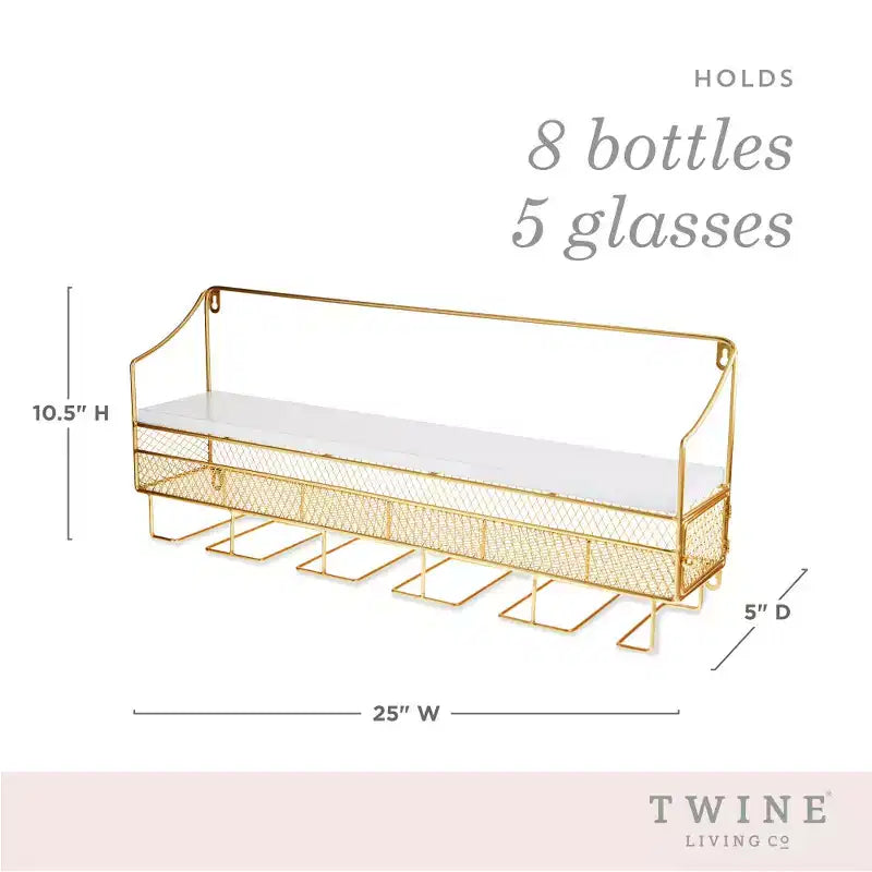 Twine Gold Wall Mounted Wine Rack, Integrated Cork Storage, Holds 8 Wine Bottles & 5 Wine Glasses, Wood and Cast Iron, Wedding Gifts, Home Bar Decor