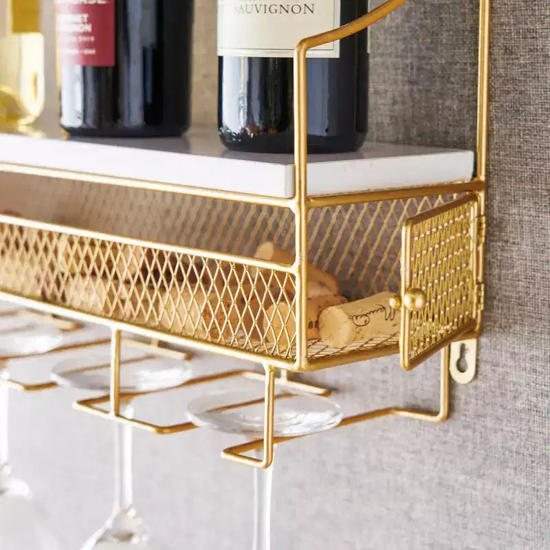 Twine Gold Wall Mounted Wine Rack, Integrated Cork Storage, Holds 8 Wine Bottles & 5 Wine Glasses, Wood and Cast Iron, Wedding Gifts, Home Bar Decor