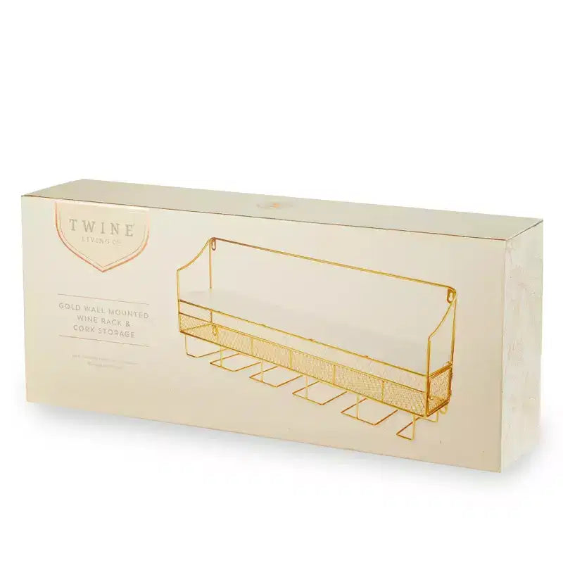 Twine Gold Wall Mounted Wine Rack, Integrated Cork Storage, Holds 8 Wine Bottles & 5 Wine Glasses, Wood and Cast Iron, Wedding Gifts, Home Bar Decor