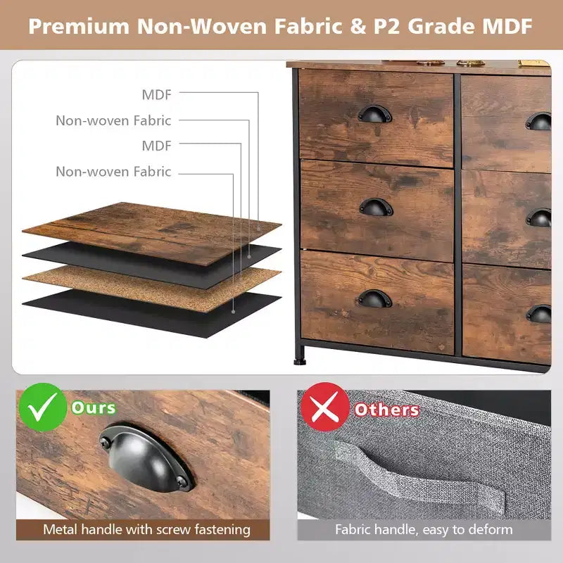 Costway 6 Drawer Dresser Fabric Storage Tower w/wooden Top Chest Organizer Rustic Brown