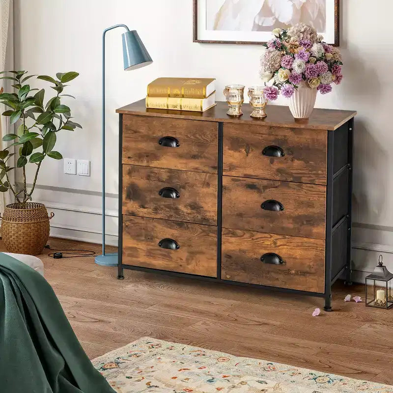 Costway 6 Drawer Dresser Fabric Storage Tower w/wooden Top Chest Organizer Rustic Brown