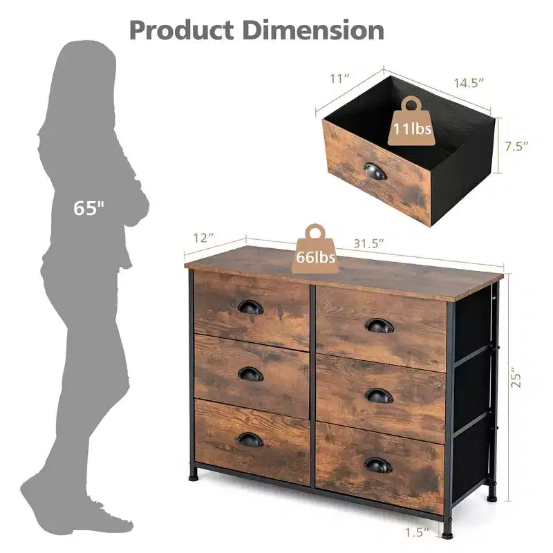 Costway 6 Drawer Dresser Fabric Storage Tower w/wooden Top Chest Organizer Rustic Brown