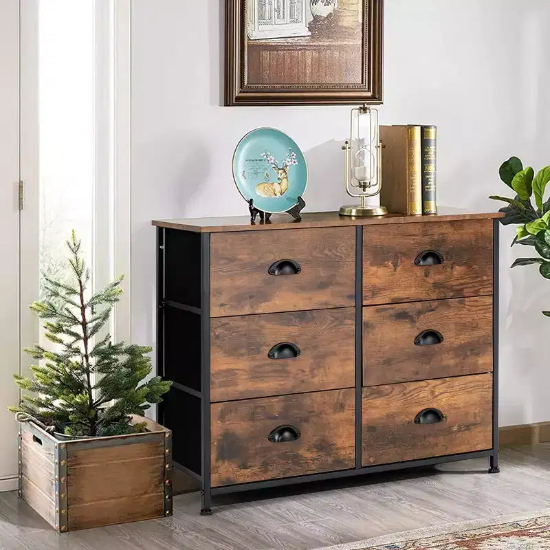 Costway 6 Drawer Dresser Fabric Storage Tower w/wooden Top Chest Organizer Rustic Brown