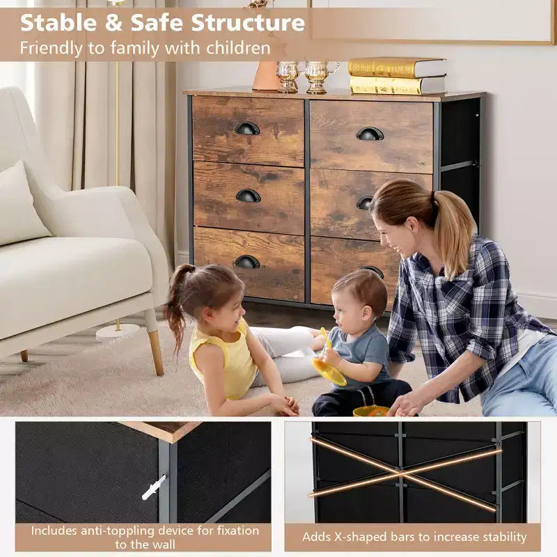 Costway 6 Drawer Dresser Fabric Storage Tower w/wooden Top Chest Organizer Rustic Brown