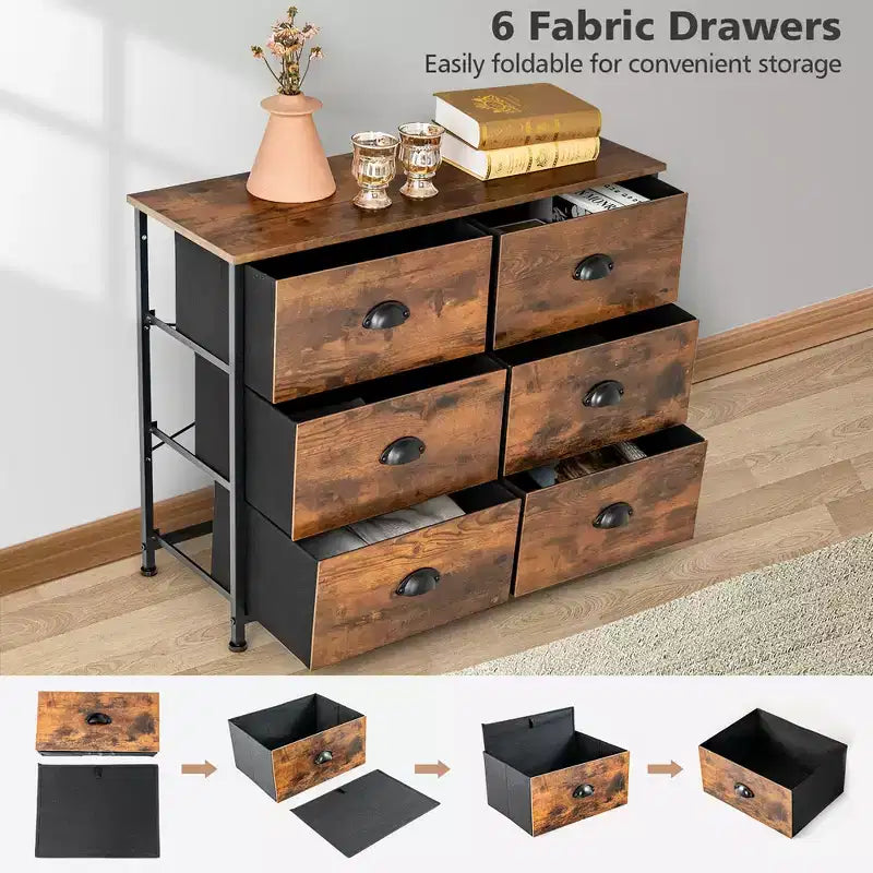 Costway 6 Drawer Dresser Fabric Storage Tower w/wooden Top Chest Organizer Rustic Brown