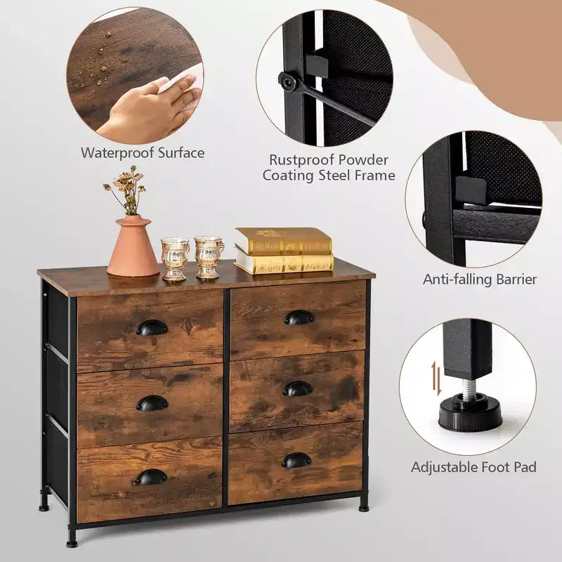 Costway 6 Drawer Dresser Fabric Storage Tower w/wooden Top Chest Organizer Rustic Brown
