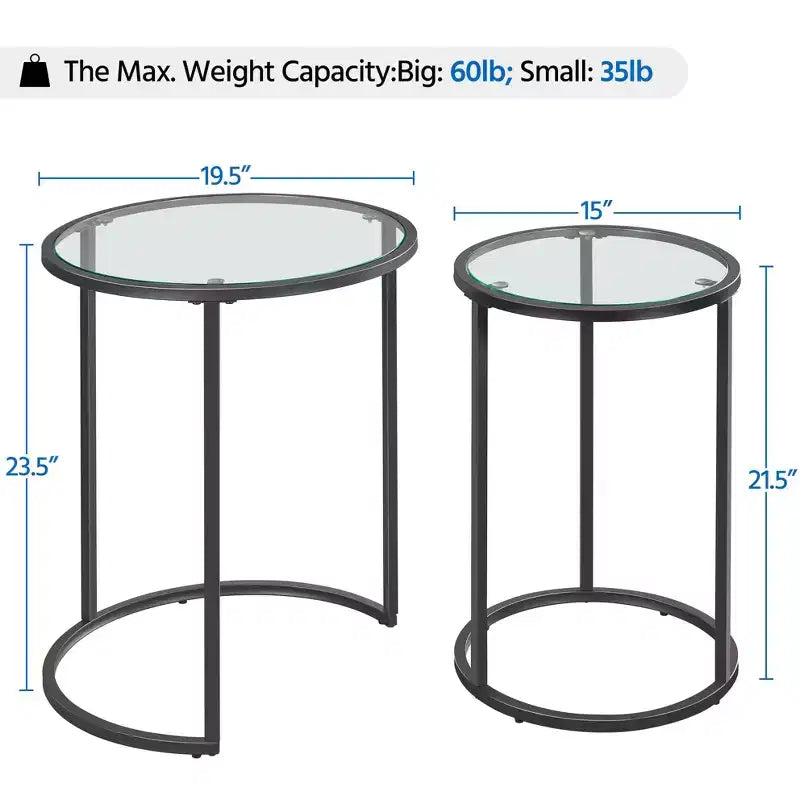 Yaheetech Round Nesting End Table Set with Metal Frame and Glass Top for Living Room