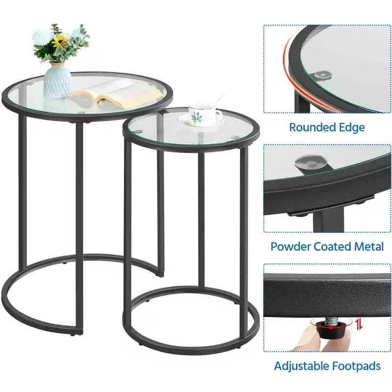 Yaheetech Round Nesting End Table Set with Metal Frame and Glass Top for Living Room