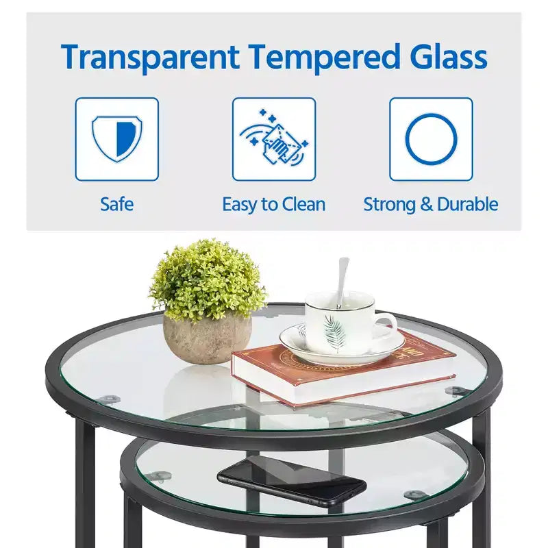 Yaheetech Round Nesting End Table Set with Metal Frame and Glass Top for Living Room