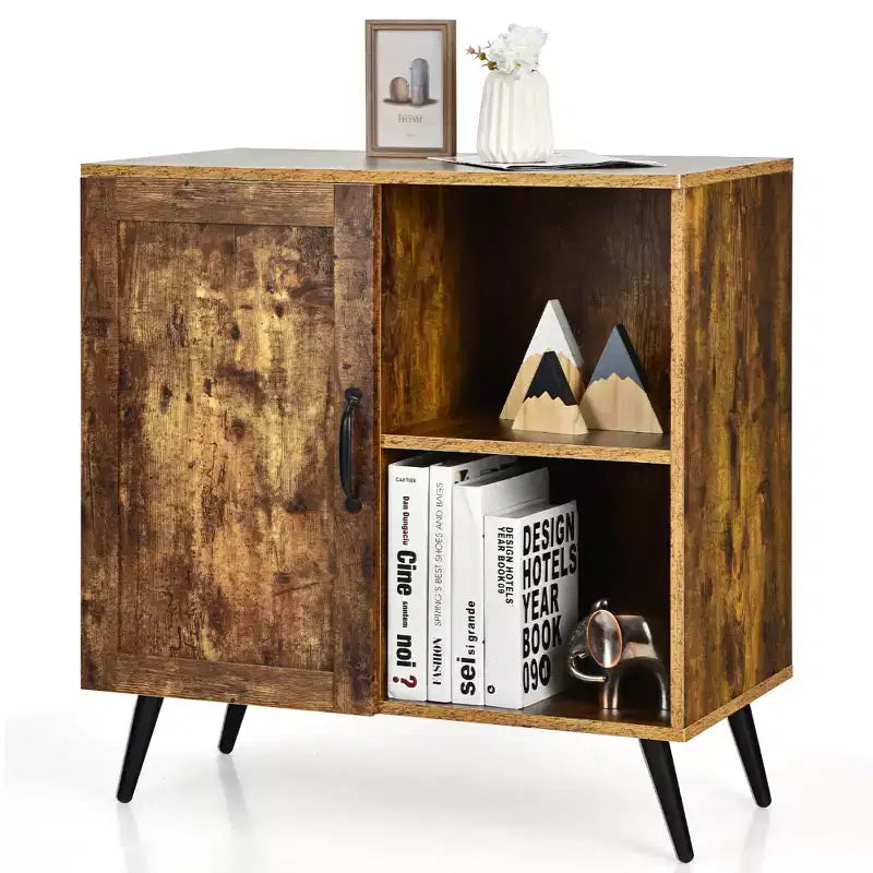 Costway Mid-century Storage Door Cabinet Cupboard w/4 Legs Adjustable Shelf Rustic Brown