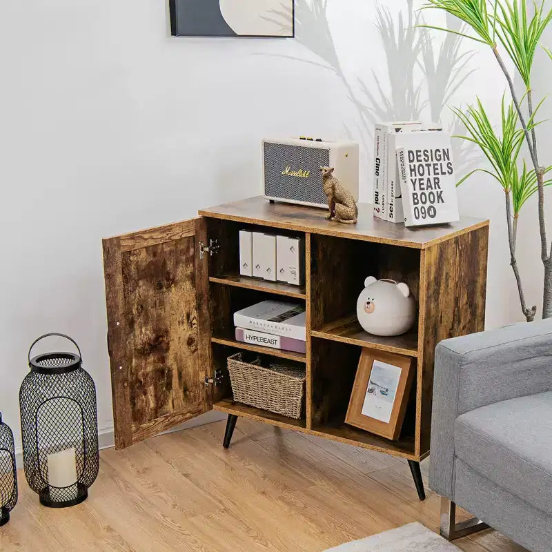 Costway Mid-century Storage Door Cabinet Cupboard w/4 Legs Adjustable Shelf Rustic Brown