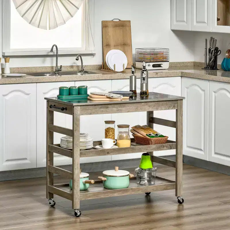 HOMCOM Rolling Kitchen Cart with Stainless Steel Countertop, 1 Bottom Shelf, 1 Slotted Middle Shelf and 4 Castor Wheels, Gray