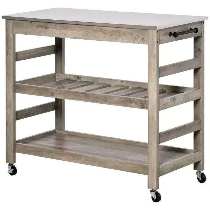 HOMCOM Rolling Kitchen Cart with Stainless Steel Countertop, 1 Bottom Shelf, 1 Slotted Middle Shelf and 4 Castor Wheels, Gray