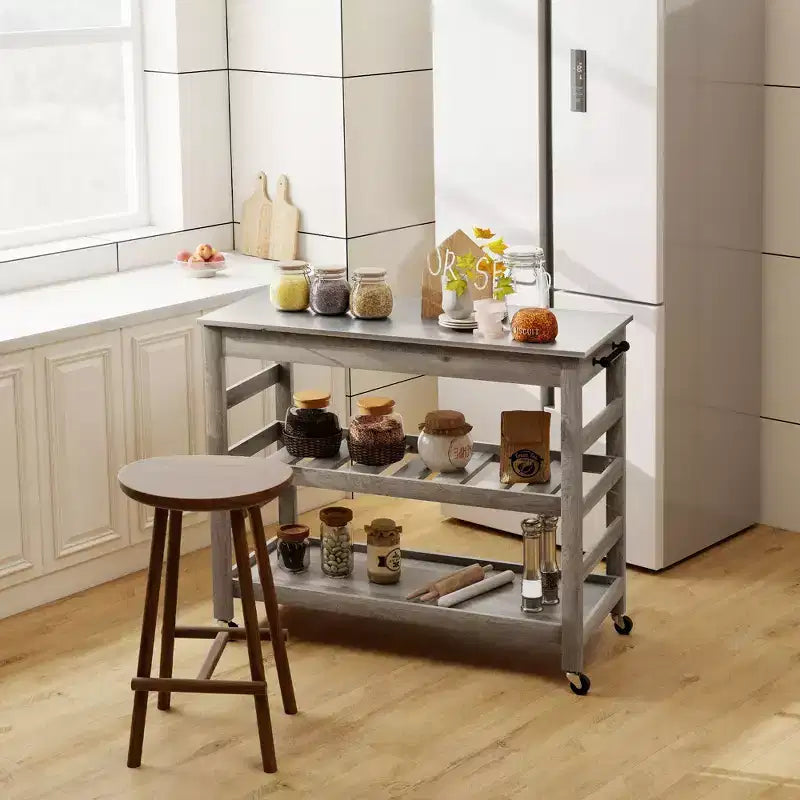 HOMCOM Rolling Kitchen Cart with Stainless Steel Countertop, 1 Bottom Shelf, 1 Slotted Middle Shelf and 4 Castor Wheels, Gray