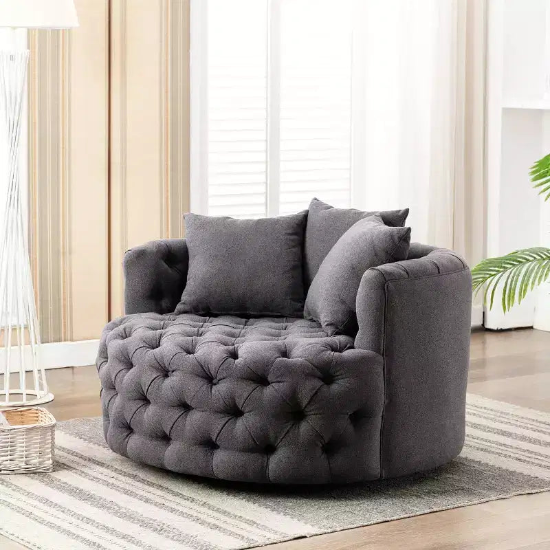 42.5 Wide Fully Assembled Round Upholstered Tufted Swivel Barrel Chair and a Half - Kinwell