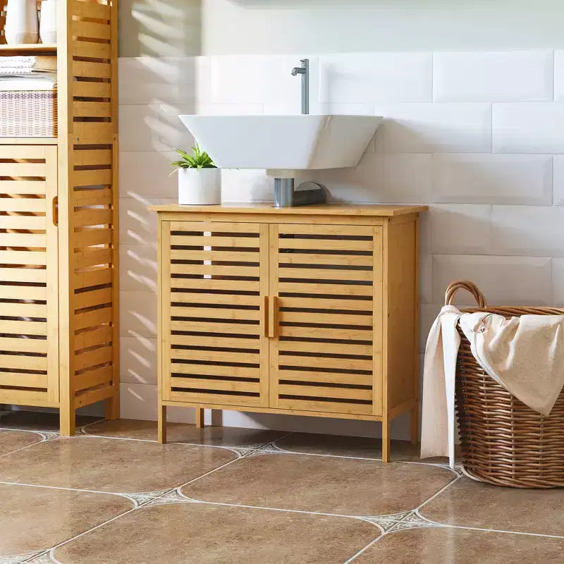 kleankin Bamboo Under Sink Cabinet with 2 Slatted Doors, Freestanding Bathroom Sink Cabinet Space Saver Bathroom Organizer, Natural