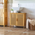 kleankin Bamboo Under Sink Cabinet with 2 Slatted Doors, Freestanding Bathroom Sink Cabinet Space Saver Bathroom Organizer, Natural
