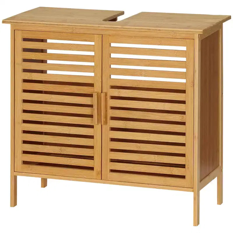 kleankin Bamboo Under Sink Cabinet with 2 Slatted Doors, Freestanding Bathroom Sink Cabinet Space Saver Bathroom Organizer, Natural
